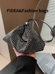 Y2K Fashion Sparkling Rhinestone Glossy Shoulder Handbag, Luxury High-End Elegant Suitable For Work, Shopping, Date, Wedding, Versatile Clutch - Black - View 4