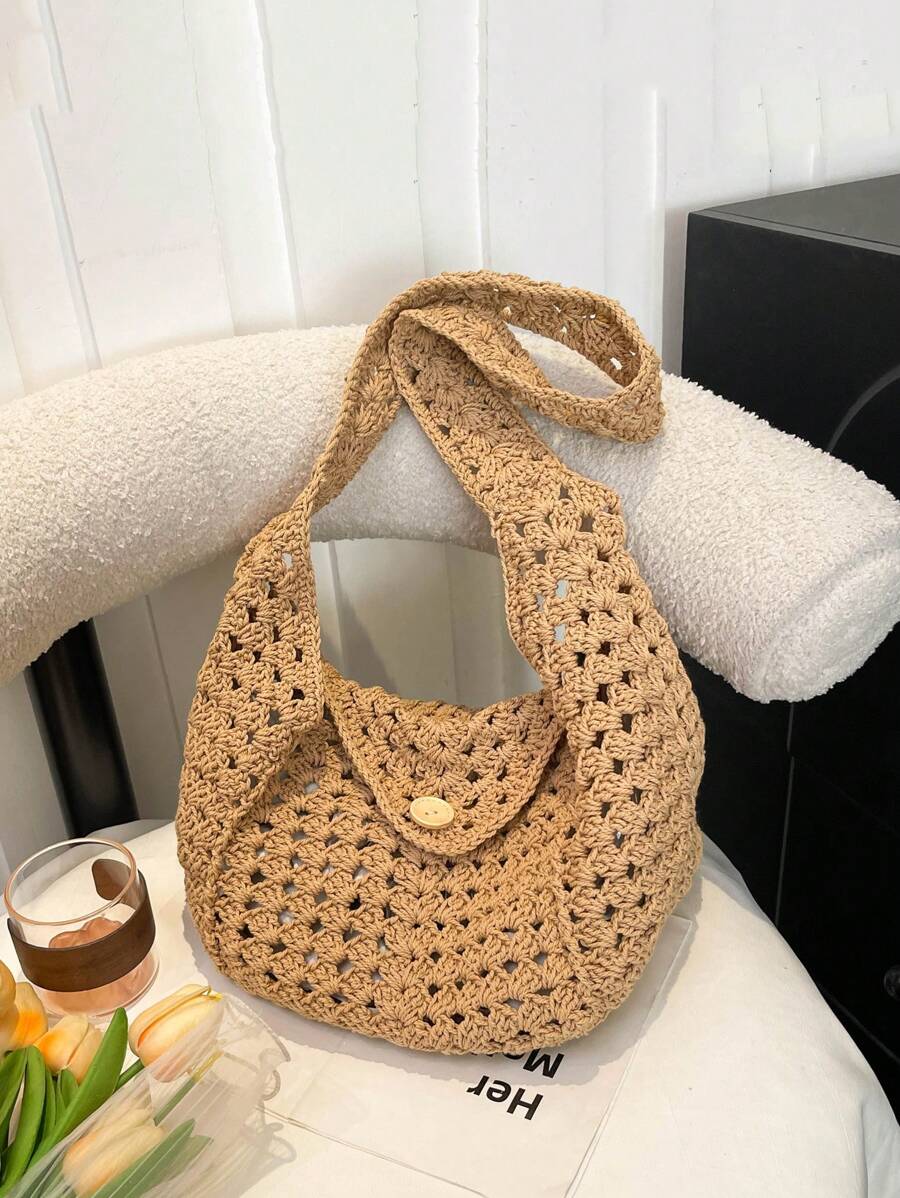 Vintage Style Crochet Woven Tote Bag, Fashion Shoulder Underarm Large Bag For Travel Holiday Casual