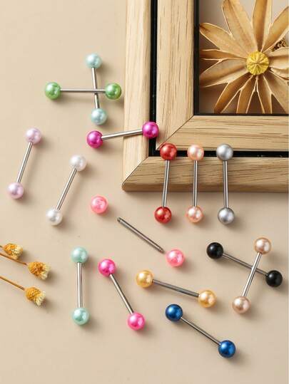 15 Colors Acrylic Faux Pearl Rainbow Tongue Rings, Stainless Steel Hypoallergenic Tongue Piercing Jewelry For Women, Sexy Fashion For Daily Wear, Festivals, European And American Popular New Arrival