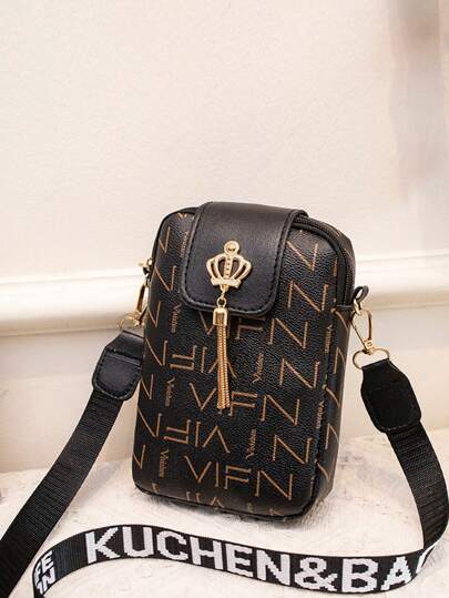 Bolsa tiracolo feminina com borla impressa, presente, bolsa para telefone, design exclusivo de coroa, bolsa de cosméticos