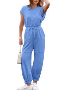 Women's Short Sleeve Casual Jumpsuit Loose Fit Open Back Summer Atheletic Jumpsuit With Pockets - màu xanh sáng - Xem 1