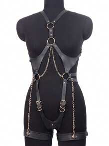 哥特式皮革紧身胸衣套装 | 笼式胸罩吊袜带 | 可调节朋克摇滚皮革内衣配件 | 防滑肩带和柔软边缘 | 新娘/俱乐部服装 - 黑色 - 查看 1