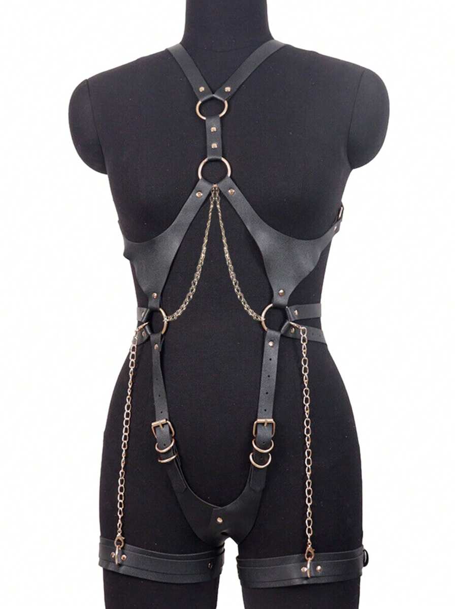 哥特式皮革紧身胸衣套装 | 笼式胸罩吊袜带 | 可调节朋克摇滚皮革内衣配件 | 防滑肩带和柔软边缘 | 新娘/俱乐部服装 - 黑色 - 查看 1