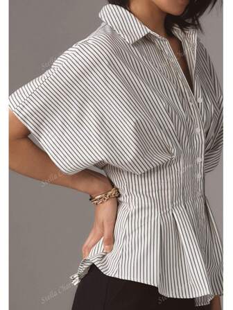 Summer Pleated Button Front Casual Shirt Short-Sleeves