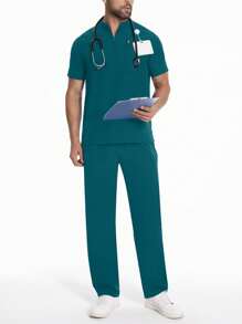 Men's Short Sleeve Work Uniform, Lab Coat, Grooming Salon Outfit With Pockets, Breathable Set