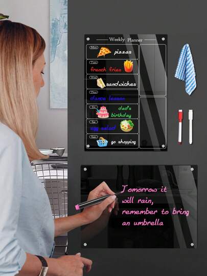 亚克力黑色磁性备忘板（2 支磁性白板笔 + 1 块随机颜色橡皮擦布）、玻璃状干擦板、亚克力磁性冰箱白板、家居装饰