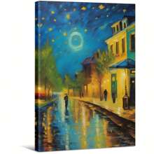 Oil Painting A Rainy Night Street Scene. Large Wooden Framed Wall Painting Artist Home Decoration Oil Painting - Bedroom, Bathroom, Living Room, Office, Kitchen, Christmas Gifts - 1 Piece - Multicolor - View 1