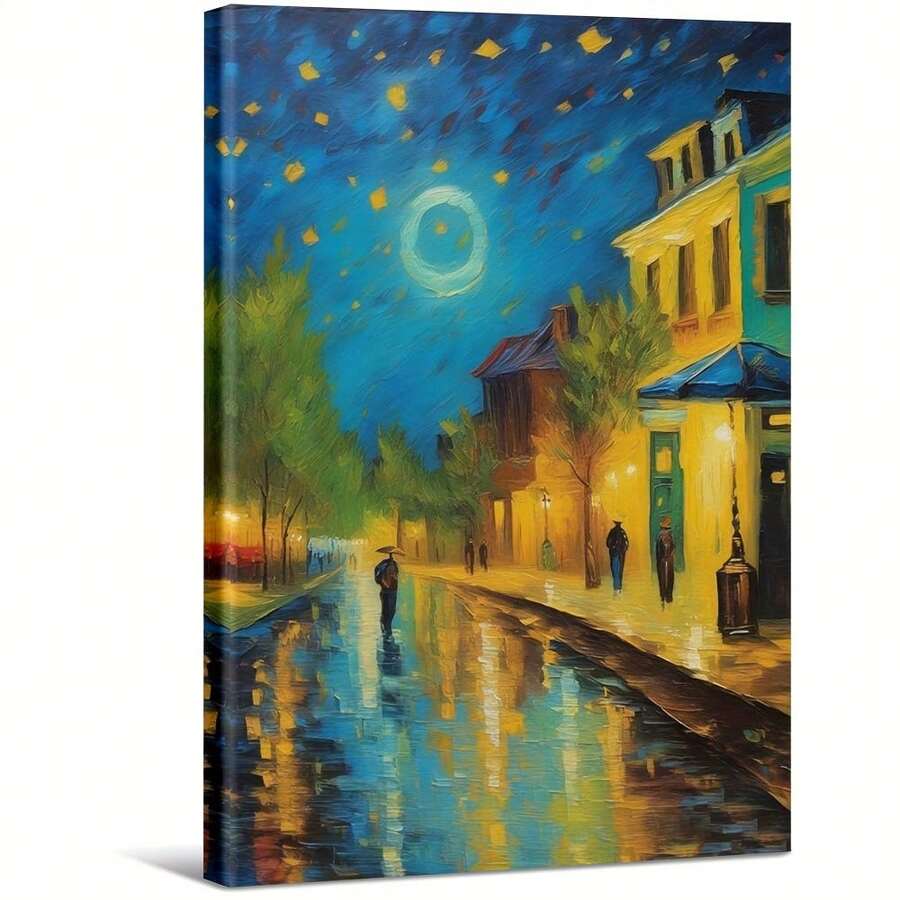 Oil Painting A Rainy Night Street Scene. Large Wooden Framed Wall Painting Artist Home Decoration Oil Painting - Bedroom, Bathroom, Living Room, Office, Kitchen, Christmas Gifts - 1 Piece - Multicolor - View 1