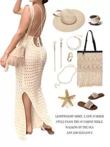 Vestido largo de gasa transparente con abertura y espalda descubierta de estilo halter, tipo túnica para traje de baño y vacaciones de talla grande