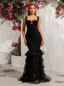 Women's Elegant Black Spaghetti Strap Ruffle Mesh Patchwork Fitted Party Bodycon Dress, Wedding Guest Dress, Formal Dress, Evening Dress,Prom Dress - Black - View 6