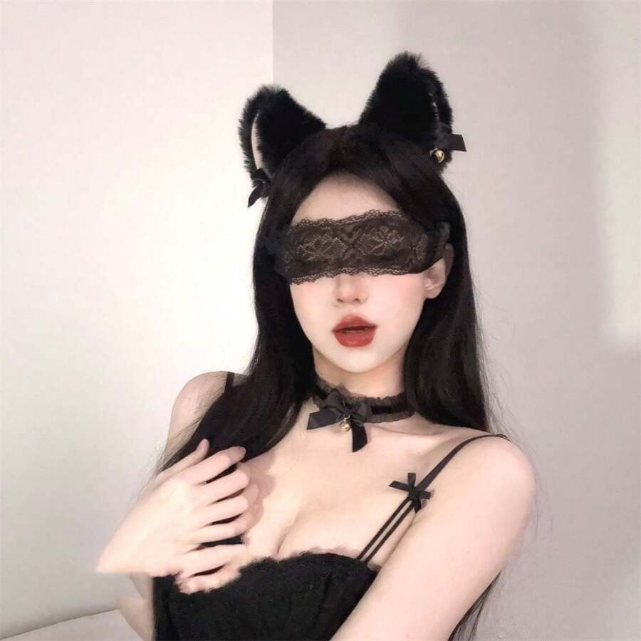 Cute Cat Ear Headband, Bow, Bell Headpiece, Lace Eyemask, Choker Set, Costume Accessory For Women, Photo Shoot Prop, Cosplay, Gothic, Lolita Style Prom - Black Cat Bell Headband - View 1