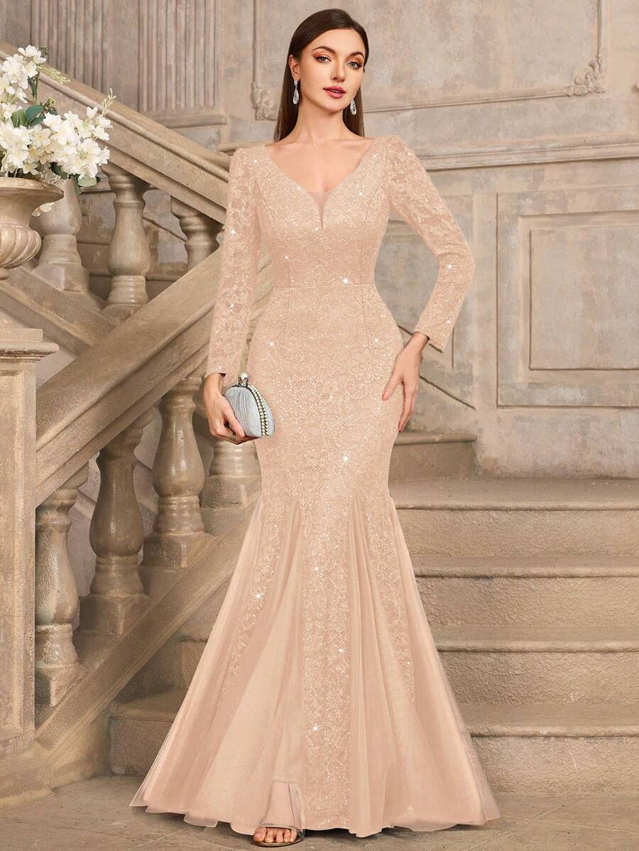 MIUSOL 亮片花卉蕾丝深V领长袖网纱美人鱼晚礼服，适合婚礼宾客、正式场合等，也适合情人节春季优雅派对。