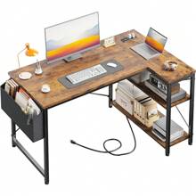 48 Inch Computer Desk With Reversible Shelves, Desk With Power Outlets, L Shaped Desk For Corner Space, Gaming Desk For Bedroom, Home Office Desks For Study Writing, Black - Rustic Brown - View 1