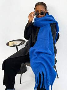 1pc Women's Fuzzy Long Scarf With Tassel For Winter Solid Sky Blue Color Big&Thick WrapOversize Warm Blanket Scarf - Blue - View 9