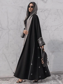 Fashionable Vintage Embroidered Patchwork Abaya Robe, Long Cardigan, Modest Kaftan - Black - View 5