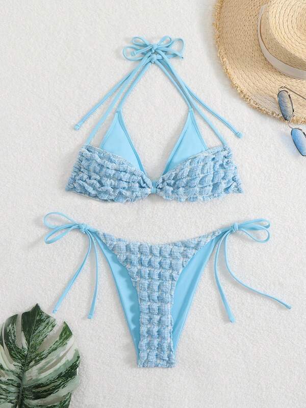 2025 Neues Tangle Line Popcorn-Textur umkehrbares Bikini Bademode für Damen, sexy Neckholder Wickel Design Bademode für Strand, Urlaub, Party, Fotoshooting, Modenschau