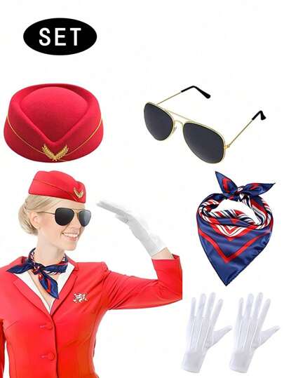 Stewardess Hat, Scarf, Cosplay Set, Hat Combo, Stewardess Hat Set, Stewardess Hat, Event Decorations, Party Theme Accessories, Costume, Versatile Matching, Sexy Outfit, Accessory Set, Suitable For Daily Use, Gift, Valentine's Day, Halloween, Birthday, Holiday, Summer Travel Essential, Beach, Yacht, Vacation, Gala, Bar, Accessories, Party, Annual Meeting, Stage Performance