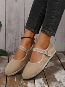 2025秋季女春新款平底圆头一脚蹬鞋，扣带软底奶奶鞋，轻便休闲舒适，芭蕾平底鞋，玛丽珍鞋 - 杏色 - 查看 4