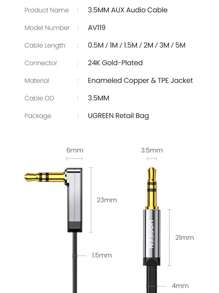 UGREEN 3.5mm Auxiliary Audio Jack To Jack Cable 90 Degree Right Angle Compatible With Apple Smartphones Tablets And Speakers,24K Gold Plated Male To Male - Black - View 11
