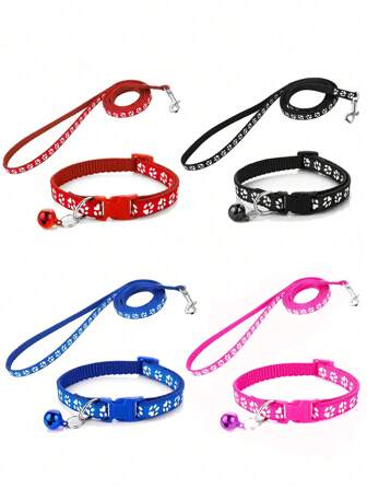 1set Cat Collar & Leash Set With Lovely Paw Shaped Decor, Suitable For Small Dogs And Cats, Pink & Blue Collar Available