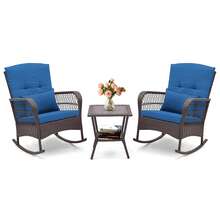 3 Pieces Rocking Bistro Set PE Rattan Rocking Chairs W/ 2-Tier Coffee Table Navy - Navy - View 9
