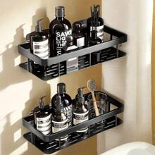2pcs Black Anti-Rust Polished Metal Bathroom Shelves, Wall Mounted Without Drilling, Storage For Shampoo & Conditioner, Space Saving Hooks, 8mm Pipe Diameter, Set Of 2 - Multicolor - View 9