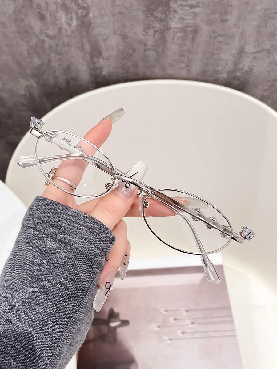 1pc European Style Small Oval Rhinestone Decor Women Clear Lens Non-Prescription Fashion Glasses