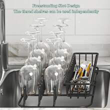 Expandable Dish Drainer Rack, Rustproof Carbon Steel Dish Rack For Kitchen Countertop, Space Saving Dish Rack With Draining Tray, Removable Utensil Holder, Dish Drying Rack, Black