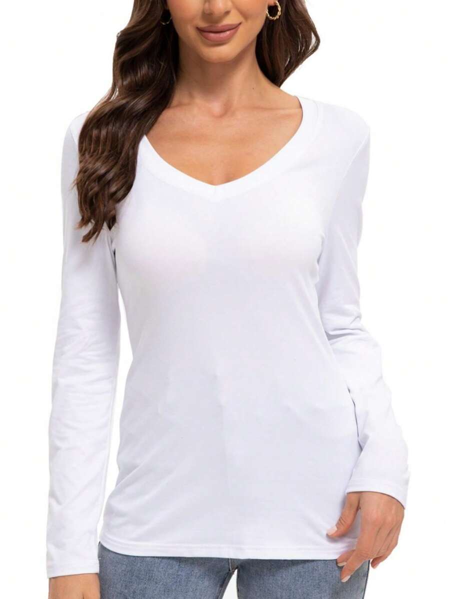 LKESRC Women's Long Sleeve Shirt Soft V-Neck Top Fitted Tight Solid Color Basic T-Shirt - 白色 - 查看 1
