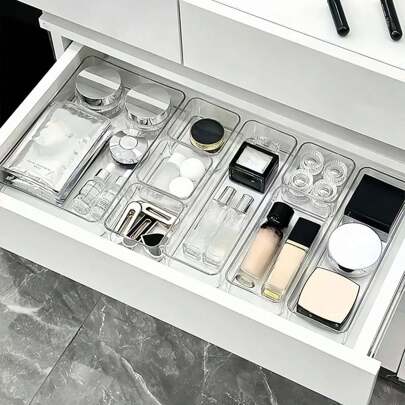 6/7/8pcs/Set Clear Cosmetic Storage Box, Minimalist Drawer Divider, Eyeshadows Brushes Makeup Organizer, Perfume Brush Holder, Clear Acrylic Countertop Organizer, Nail Polish Skincare Makeup Multiple Functional Storage Shelf