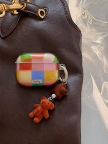 Bicolor Plaid Bear Cartoon Hanging Decor Suitable For AirPods 4, New AirPods Pro 2, Apple AirPods 2nd Generation, AirPods 3 Protective Case, Soft Full Coverage Earphone Shell - Multicolor - View 1