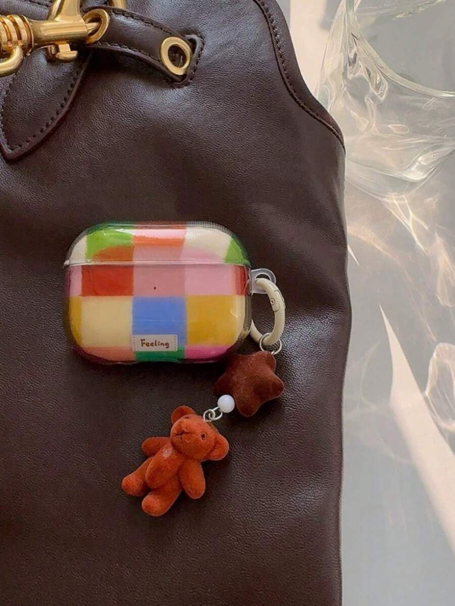 Bicolor Plaid Bear Cartoon Hanging Decor Suitable For AirPods 4, New AirPods Pro 2, Apple AirPods 2nd Generation, AirPods 3 Protective Case, Soft Full Coverage Earphone Shell - Multicolor - View 1