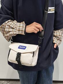 男士时尚单肩斜跨包 港风休闲翻盖款式 撞色字母布标装饰 带扣设计 个性单肩斜跨方包 - 彩色 - 查看 5