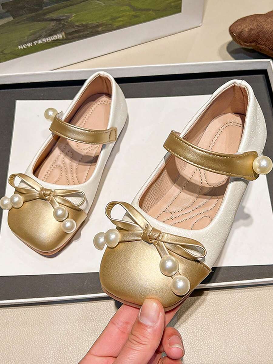 Girls Leather Shoes, 2025 Autumn-Spring New Bow Pearl Fashion Performance Stylish Kids Princess Flats For Toddler & Big Girls