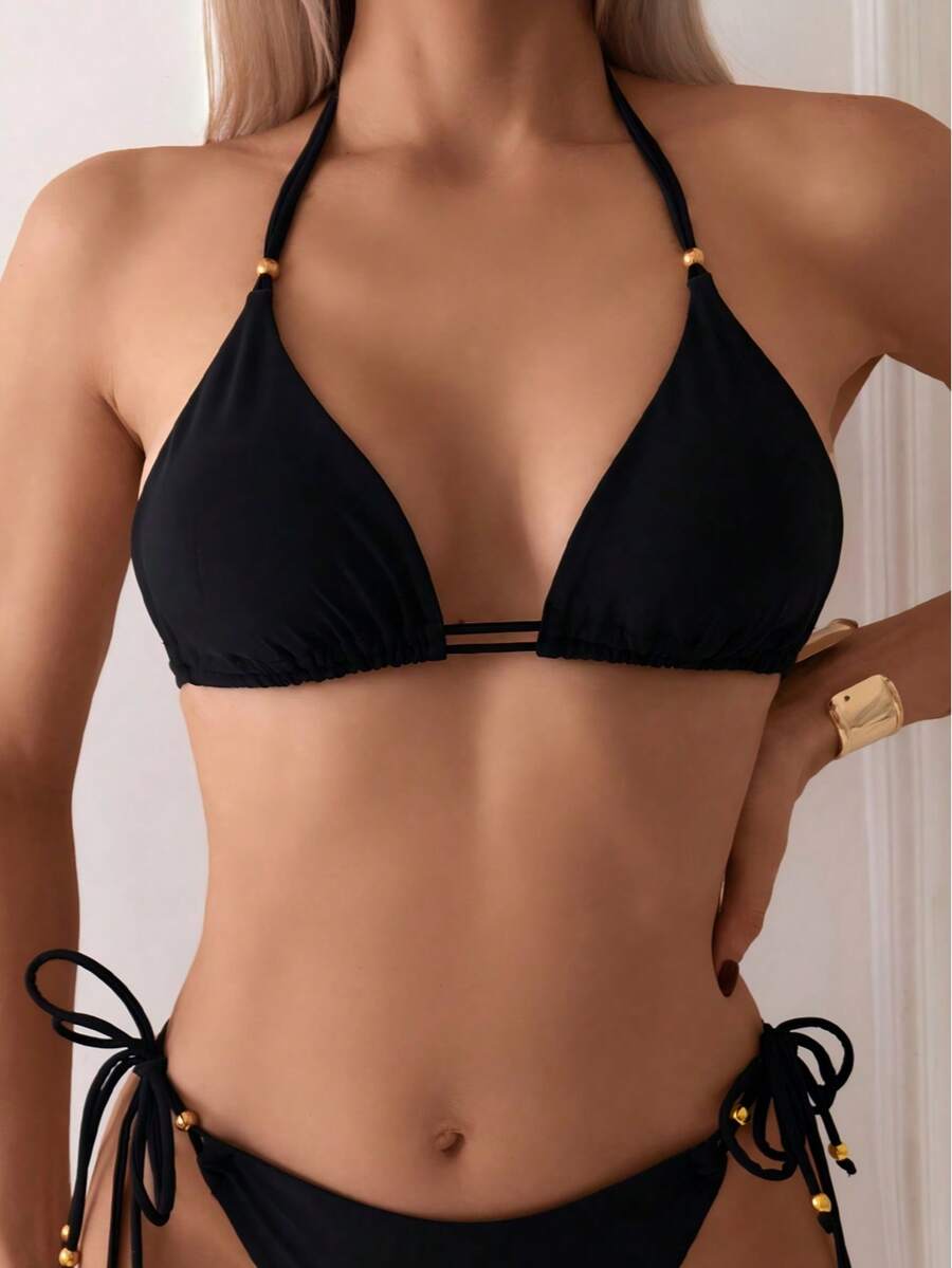 Summer Women's Black Halter Sets Sexy Tie Back Bikini Top - Black - View 1