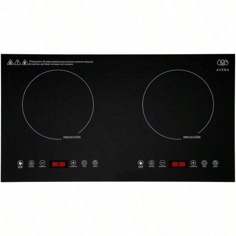 AVERA Parrilla de Induccion Electrica de 2 Zonas 2000W, con Temporizador (Empótrala en Casa o Llévala a cualquier lugar) Seguridad, Pantalla LCD, Controles Touch, Portatil, Ahorro de Energia, PIV2 - Tipo de Enchufe A USA (110-127V) - Ver 1