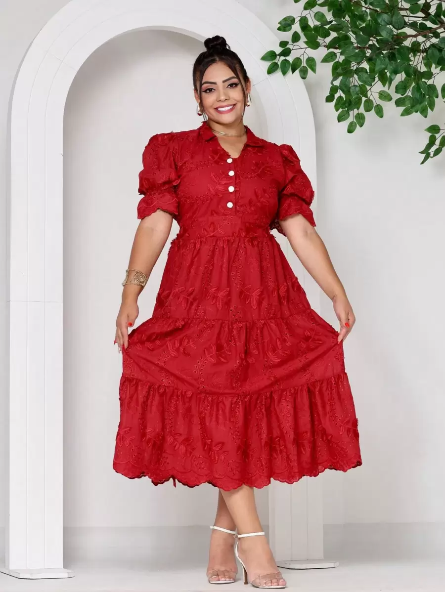 Women's Fashion Midi Dress In 3D Laise Fabric With Elastex On The Back And Button On The Front And Lining - 酒紅色 - 查看 1