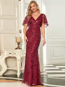 优雅V领蝴蝶袖花卉亮片网纱美人鱼酒红色正式晚礼服，适合盛大晚宴、秋季婚礼宾客、派对、新娘母亲晚宴及其他正式场合。 - 酒紅色 - 查看 2