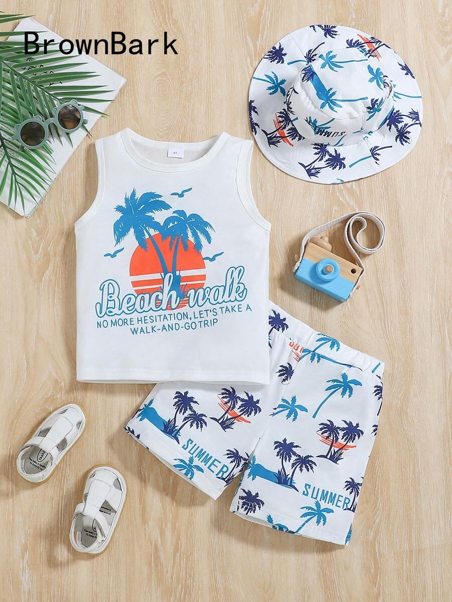 BrownBark 3 sztuki/zestaw chłopięcy letni swobodny zestaw na wakacje na plażę, zachód słońca, palma, mewa i nadruk literowy, top + spodenki + czapka, nadaje się do noszenia na co dzień i na zewnątrz - Wielokolorowe - Zobacz 1