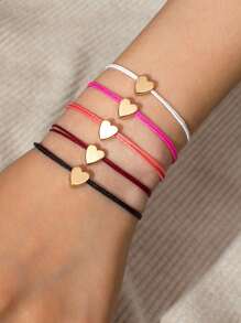 Set de 5 pulseras con dijes en forma de corazón de estilo bohemio - Diseño trenzado ajustable de cuerda colorida para atuendo casual y regalo - Multicolor - Ver 2