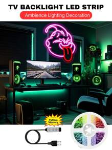 1 Pc 3.3-50ft/1-15m Tv Backlight LED Strip Light With Pattern Memory Fuction, Low Voltage 5v USB Flexible Led Light With Self Adhesive Tape, Embeded 3-Key Controller With Full Color Changing Light, Suitable For TV / PC Monitor Background Lighting Decor