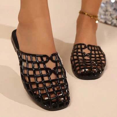 2025春夏新款镂空一脚蹬凉鞋女户外沙滩拖鞋防滑软底平底舒适水晶果冻鞋