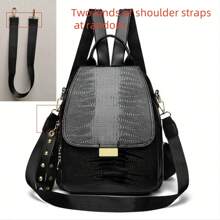 Mochila de estilo de moda con estampado de cocodrilo negro para mujer - Bolso de viaje y compras multipropósito con cremallera dorada, correa ajustable y remaches decorativos
