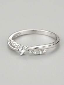 1pc 925 Sterling Silver Cross Shaped Heart Ring With Shiny Zirconia Stones, Quality Elegant Jewelry For Women