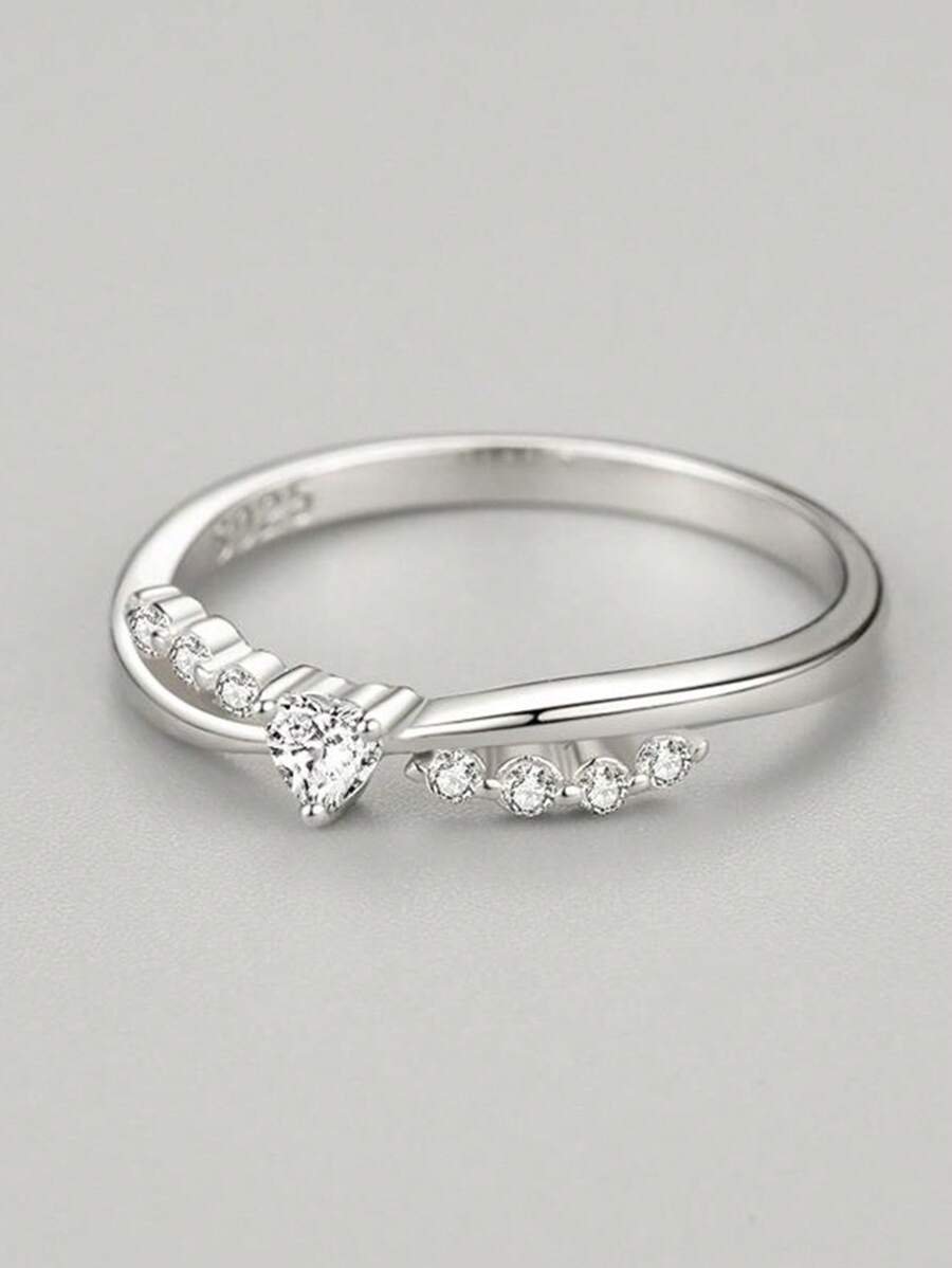 1pc 925 Sterling Silver Cross Shaped Heart Ring With Shiny Zirconia Stones, Quality Elegant Jewelry For Women