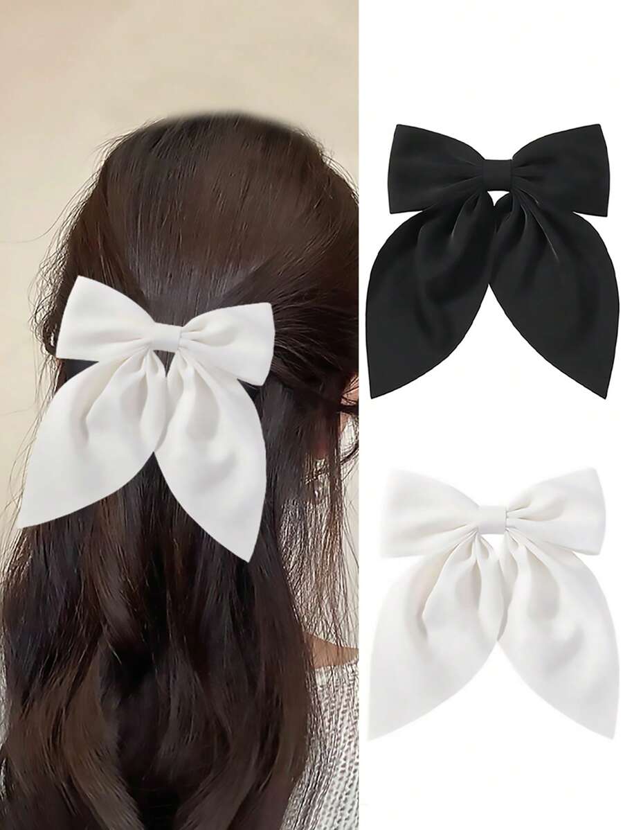 2 件优雅缎面蝴蝶结发夹，织物蝴蝶结简约纯色发夹，适合发髻、马尾辫、发型 - 黑與白 - 查看 1
