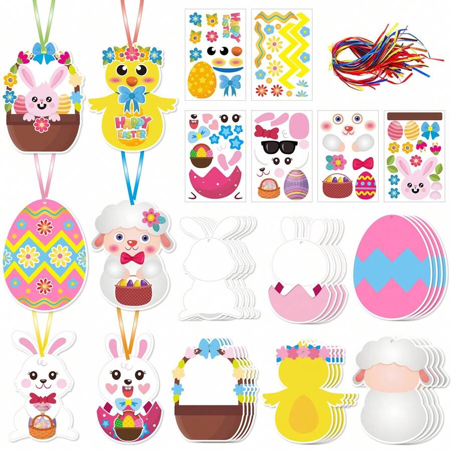 72pcs/Set (24 Greeting Cards, 24 Stickers, 24 Ribbons) Cartoon Easter Ornaments DIY Card Sticker Craft Kit, Easter Egg Tree Decoration Gift Set