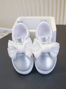 女童/幼儿时尚蝴蝶结装饰休闲运动鞋，可爱多彩的外观，柔软舒适的鞋底，适合学生、小公主日常时尚装扮和各种运动 - 銀色 - 查看 3