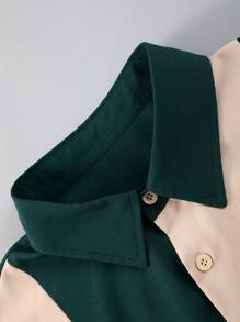 2 件男士轻便休闲装 - 拼色条纹短袖单排扣衬衫和纯色长裤，适合通勤和休闲穿着，舒适装扮 - 綠色 - 查看 5