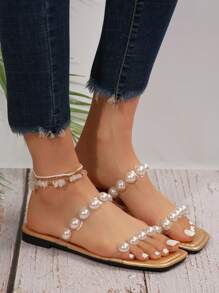 Latest Spring/Summer Women's Plus Size Casual Flat Slippers, Pearls & Transparent Crystal TPU, Comfortable Beach Style Sandals, Lightweight Versatile - Champagne - View 7